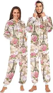 [ZZXXB] Eiffel Tower Butterfly Rose Onesie Pajamas for Adult Women Men Long Sleeves One Piece Onesies Hooded Sleepwear S - XL