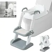 Foldable Baby Potty Training Toilet Seat, 2 in 1 Portable Toddler Toilet Seats with Safe Handles & Anti-Slip Step Cushion, Adjustable Height Ladder Toilet Stool for Kids 6 Months to 7 Years Old (Grey)