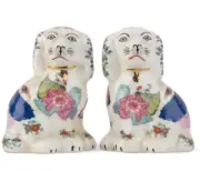 Staffordshire Reproduction Porcelain Mini Tobacco Leaf Dog Figurine Pair 3.5"H