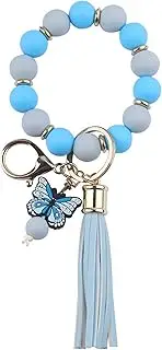 [Phamines] Butterfly Wrist Keychain Pendant,Silicone Beaded Bracelet Wristlet Bangle Key Chains,Leather PU Tassel Keyring for Women
