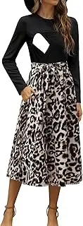 [CzzzyL] Women Nursing Dress Long Sleeve Floral Patchwork Ribbed Pregnancy Tie Waist Work Outfits with Pockets