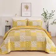 Mybedsoul Yellow Boho Quilt Set King Size,3 Pieces Plaid Floral Bedspread Coverlet Set Summer,Patchwork Reversible Bedding Set King 90"x104"