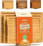 Smirly Bamboo Cutting Board for Kitchen: Set of 4 Butcher Block Wood Cutting Boards with 6 Utensils
