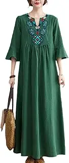 [HongYunoH] Women's Loose Cotton Linen Dress Fashion Retro Ethnic Style Flower Embroidery Vneck Cropped Sleeve Dress Green L