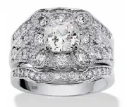 CUSHION CZ CLOVER MOTIF BRIDAL 3 RING SET PLATINUM STERLING SILVER 6 7 8 9 10