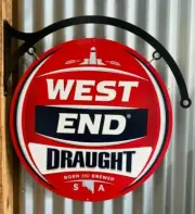 WEST END BEER BREWING HUGE TIN METAL SIGN WITH HANGER DOUBLE SIDED BAR MAN CAVE