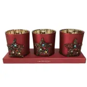 Candleholders Red Frosted Glass Star Bead Design New Box Set of Three Pier One