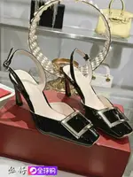 ROGER VIVIER/RV正品代購金屬方扣細高跟鞋漆皮方頭后綁帶涼鞋