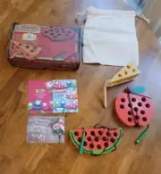 Wooden Watermelon, Cheese, Apple Threading Toys Wood Lace Block Puzzle Shape NIB