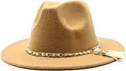 [Dcvmvmn] Men and Women Classic Fedora Hat with Pearl Tassel Chain Woolen Jazz Hat Big Brim Hat Flat Panama Hat, 021, One Size