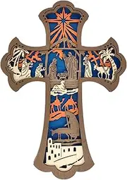 Whnbuij Wooden Nativity Wall Cross - Christmas Wall Sculpture Wooden Cross Wall Decor | Hand Carved Resurrection Cross Religious Wall Decor Carved