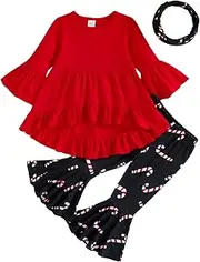 [Generic] Baby Girl Pack Toddler Girls Christmas Long Sleeve Ruffles T Shirt Tops Prints Bell Bottoms Flare Pants Scarf Kids Outfits Baby Bundle Set Red
