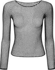 LONG SLEEVE FISHNET TOP Blouse T Shirt Tee Costume Party See Through - Black