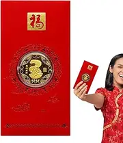 Snake Commemorative Coin Red Envelope, 2025 Gold Chinese Coin Red Packet with Fu Character, Chinese Red Envelope Souvenir Collectible Mascots for Spring Festival Decor