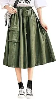 Mfacl Maxi Skirt Fluffy Skirts for Women Girl Long Skirts High Waist Umbrella Skirts Pocket Plus Size (Color : Green Drawstring, Size : XLarge)