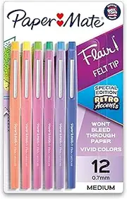 Paper Mate Flair Felt Tip Pens, Medium Point (0.7mm), Assorted, Special Edition Retro Accents, 12 Count