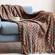 AUTOWT Boho Throw Blankets, Knitted Reversible Soft Bohemian Throw Blankets with Tassels, 50 × 71 Inch Decorative Warm Cozy Throw Blanket for Sofa Couch Bed and Living Room - All Seasons (Red)