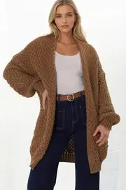 Ricki Cardigan - Open Front Chunky Knit Cardigan in Tan