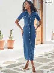 Sosandar Blue Short Sleeve Button Front Denim Midaxi Dress (E68430) | $173