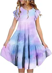 [Generic] Dresses for Girl Size 12 Layer Sleeve Flowy A Line Casual Gradient Midi Dresses for 615 Years Flower Wedding Dress