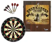 Winmau Blade 6 Dart Board + Ned Kelly Bush Ranger Dartboard Cabinet + Darts Set