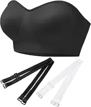 [PRETTYWELL] Strapless Bras for Women Padded Bandeau Bra Non-Slip Wireless Comfort Seamless Tube Top Bralette with Straps Black, Black, Large