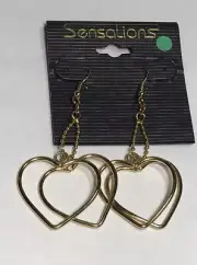 Vintage 80'S 90'S Dangle Heart Costume Earrings Ball Chain Double Gold Tone NOS