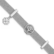 [JewelryWeb] 7.8mm 925 Sterling Silver Rhodium Plated Mesh Tree With Clover Dangle Bracelet 17 Centimeters Link-Bracelet for Women