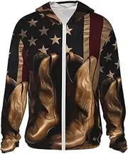 [FHEDVBN] Men's UPF 50+ American Flag with Cowboy Boots Sun Protection Hoodie Long Sleeve Rash Guard Hiking Running Workout Shirt