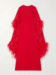 [Huishan Zhang] Huishan Zhang - Leighton Cape-effect Feather-embellished Crepe Gown - Red - UK 8 UK 8 Red