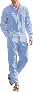 [NAKEAH] Men's Cotton Linen Casual Tracksuit Set Spring Summer Slid Color Linen Shirt & Pants Two Piece Set Beach 2pcs Set