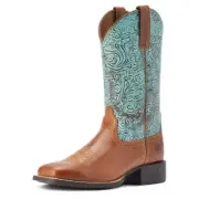 Ariat Ladies Round Up Square Toe Western Boots Brown/Turquoise Floral #10042534