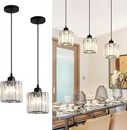 Battery Operated Pendant Light – USB Rechargeable Modern Crystal Glass Lampshade Ceiling Lighting Fixture, No Wiring Hanging Lamp for Kitchen Island, Living Room, Bedroom (Black,2pack)
