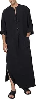 [Jacansi] Men's Button up Cotton Robe Long Sleeve Kaftan Thobe Long Gown Casual Shirt for Beach