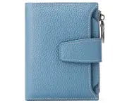 Small Women Wallet Genuine Leather RFID Blocking Bifold Zipper Pocket Card Holder with ID Window Light Blue