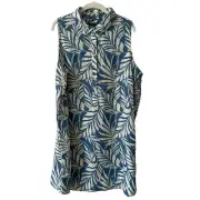 Tahari 100% Linen Blue Palm Print Tunic Top Size 1X Coastal Tropical Lagenlook