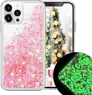 LUVI Compatible with iPhone 14 Pro Max Bling Glitter Case Glow in The Dark Funny Moving Liquid Shiny Sparkle Flowing Quicksands Waterfall Noctilucent Fluorescent for Women Girls Case Pink