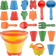 19 Piece Kids Beach Toy Set for 3 to 10 Years Old Includes Beach Car Sandbucket with 6 Inch Bucket 5 Shovels 12 Sand Molds and Mesh Beach Bag