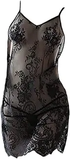 [Generic] Women Sling Lace Eyelash Nightdress Sexy deep V backless Sheer Sleepdress Sheer Temptation Chemise Pajamas (Black,Free Size), Black, One Size