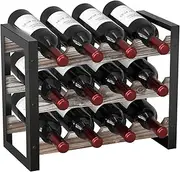 JACKCUBE Design Wine Rack Freestanding Floor 3 Tier Stackable 12 Wine Bottle Holder Storage Racks Countertop, Liquor Shelf Stand (Rustic Wood and Black Metal Frame)- MK521A