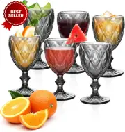 Vintage Wine Glasses Set of 6, 8oz Colored Goblets, Embossed Stemware, Gray