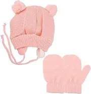 [CATIEBYE] 1Set Knit Warm Hat and Gloves Set Pompom Ear Flap Beanie with Matching Mittens Newborn Accessories for Boys Pink