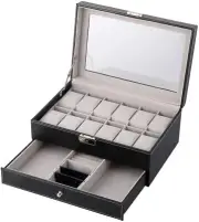 12 Slots Watch Box Watch Storage Box Organizer for Men Women with Jewelry Drawer