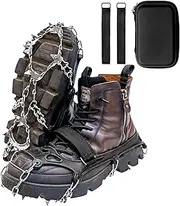 [FunWater] Crampons for Hiking Boots Shoes Ice Cleats Traction Snow Grips Anti Slip 18 Stainless Steel Spikes Fishing Walking Climbing Mountaineering Safe Protect Women Men Kids Black Color