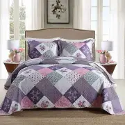 Purple Pink Floral Patchwork 3 pc Quilt Coverlet Set Full Queen King Bed Country