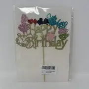 Alice In Wonderland HAPPY BIRTHDAY Cake Topper Pick Pink Gold Sparkle Glitter