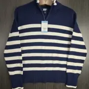 LANDS' END Mens Large Border Pattern Cotton Knit Quarter Zip Sweater Pullover