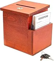 Juvale Wooden Suggestion Box with Lock and Keys, Brown Ballot Box with 50 Blank Suggestion Cards, Locking Lid and Side Slot for Donation, Comments, Feedback (7.5 x 7.1 x 5.5 In)