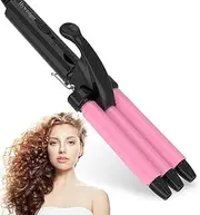 Hywestger Mini 3 Barrel Curling Iron, 1/2 Inch Small Beach Waves Curling Iron for Travel Dual Voltage Curling Wand, Ceramic Tourmaline Hair Crimper Add Shine to Waves, Light Weight & Easy to Use, Pink