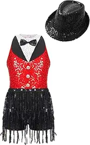 [Aislor] Kids Girls Sequins Tassel Jazz Hip Hop Latin Ballet Leotard Dance Dress Performance Ballroom Costume With Hat